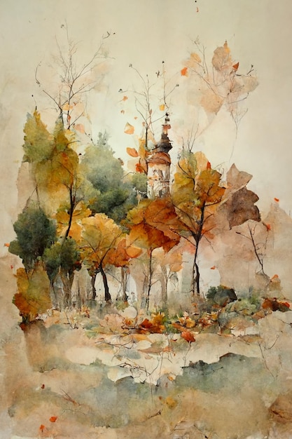 Painting of a watercolor painting of a church tower surrounded by trees generative ai