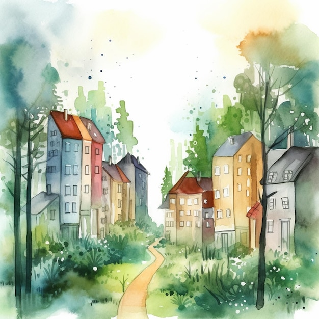 painting of a watercolor painting of a street with houses and trees generative ai