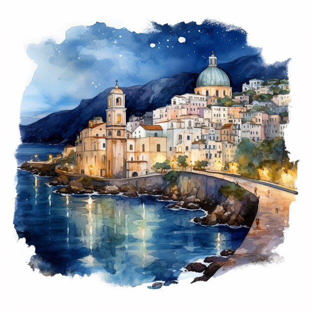 Painting of a watercolor painting of a town by the sea generative ai