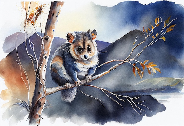 painting of a watercolor of a small animal sitting on a tree branch generative ai