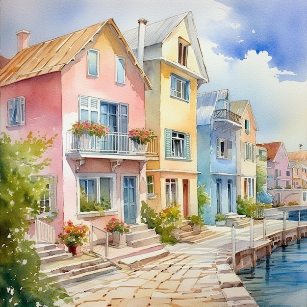 Painting of a watercolor of a town with a bridge and a boat generative ai