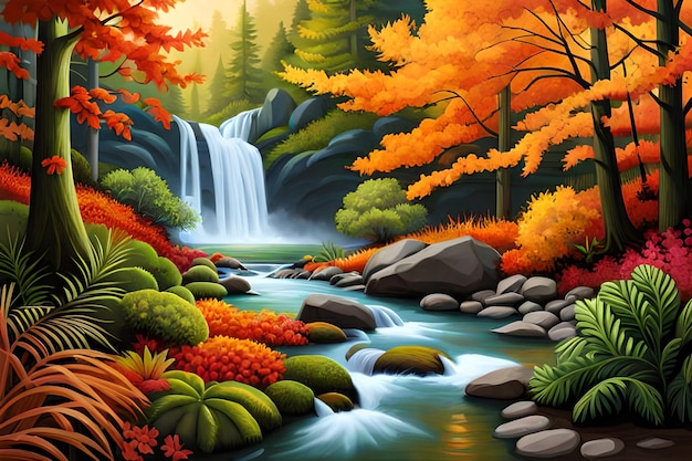 A painting of a waterfall in autumn