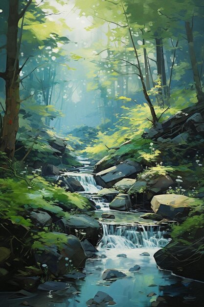 A painting of a waterfall by person.