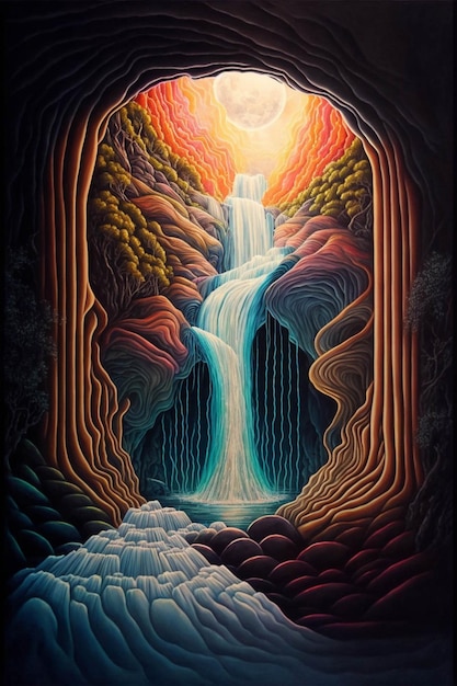 Painting of a waterfall in a cave generative ai