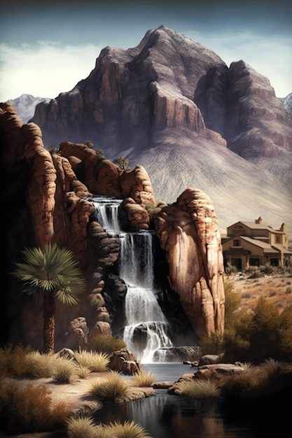 Photo a painting of a waterfall in the desert with a mountain in the background.