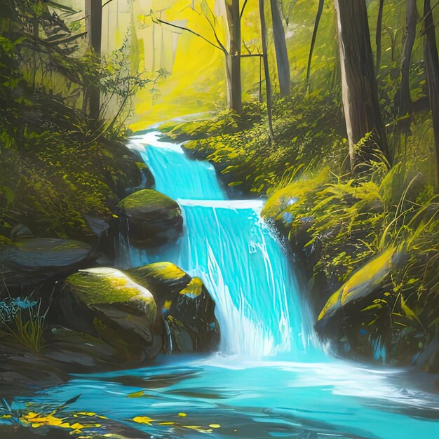 Photo painting of a waterfall in a forest with a forest in the background