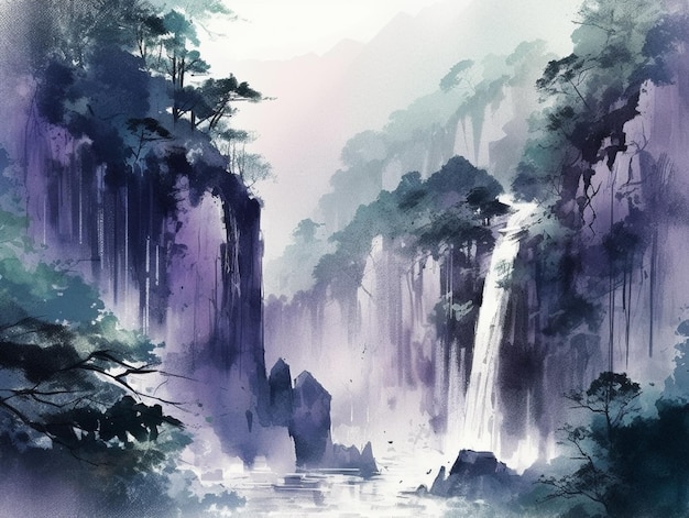 Painting of a waterfall in a forest with a purple sky generative ai