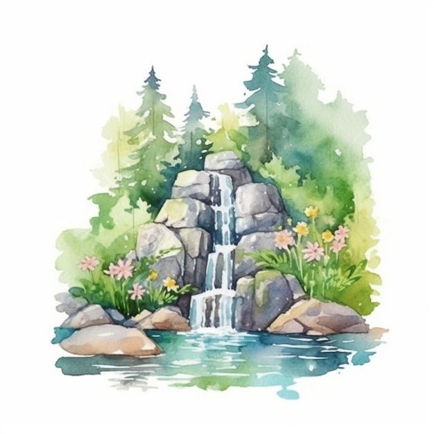 A painting of a waterfall in a forest with rocks and flowers generative ai