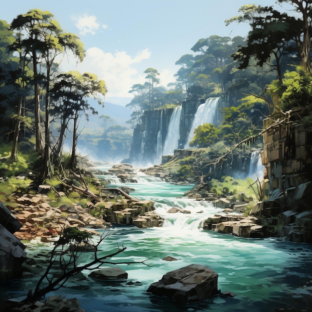 Painting of a waterfall in a forest with rocks and trees generative ai