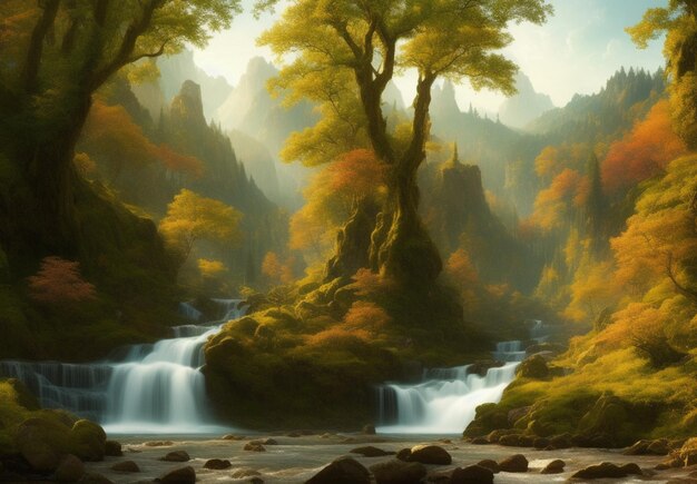 A painting of a waterfall in the forest with the sun shining on the trees.