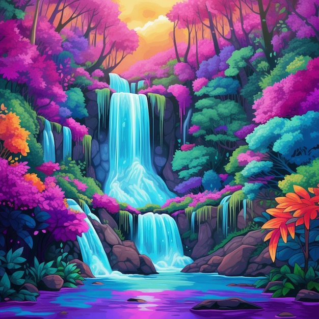 Painting of a waterfall in a forest with a sunset generative ai