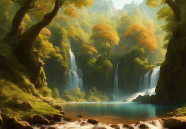 A painting of a waterfall in a forest with trees and a waterfall