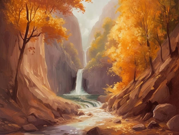 A painting of a waterfall in a forest with a waterfall in the background.