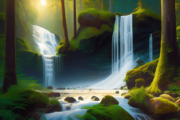 A painting of a waterfall in the forest