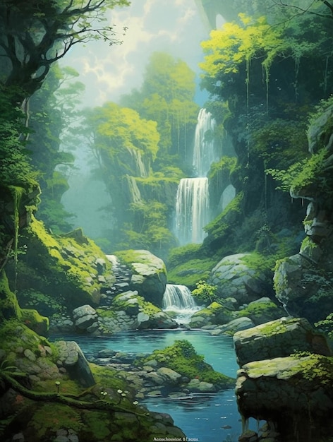 森の中の滝の絵
