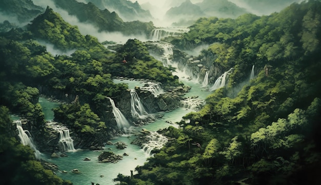 A painting of a waterfall in the jungle