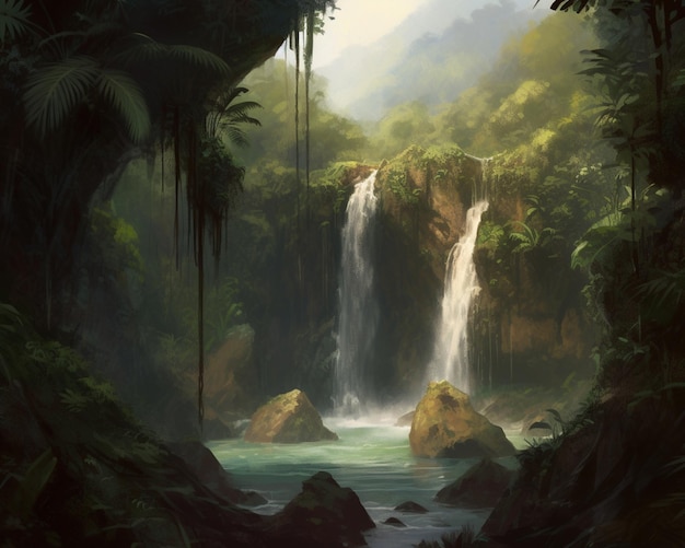 A painting of a waterfall in the jungle