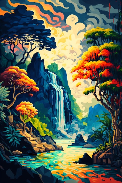 Painting of a waterfall in the middle of a forest generative ai