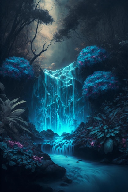 Painting of a waterfall in the middle of a forest generative ai