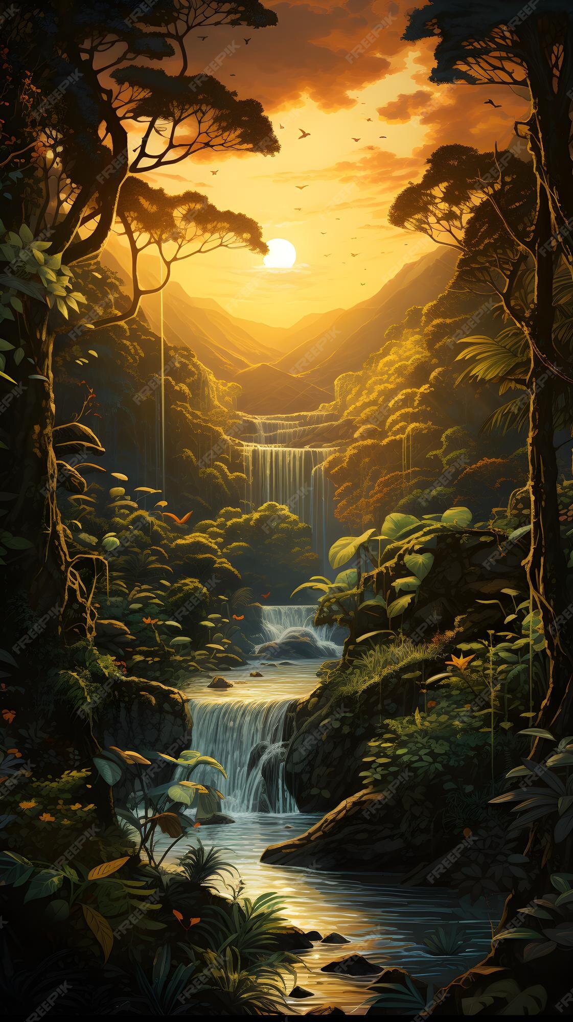 Premium AI Image | a painting of a waterfall in the middle of a forest