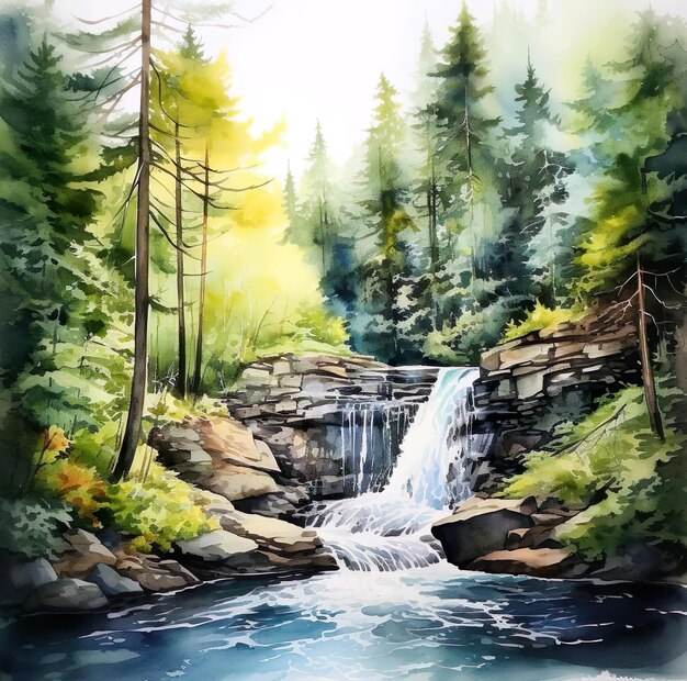 A painting of a waterfall in the middle of wood in the background