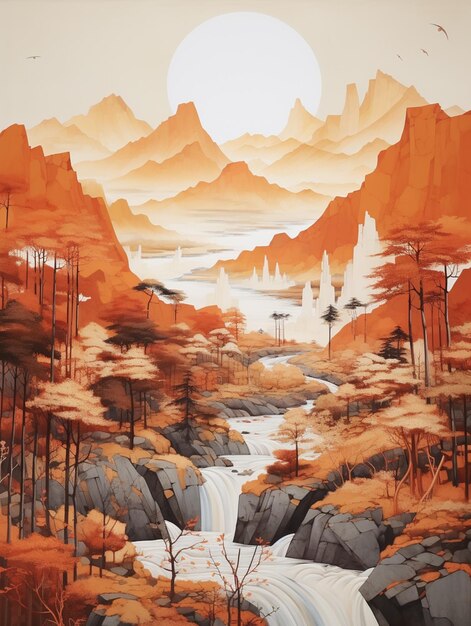 Painting of a waterfall in a mountainous area with trees and mountains generative ai