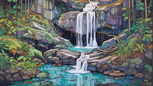 A painting of a waterfall in the mountains