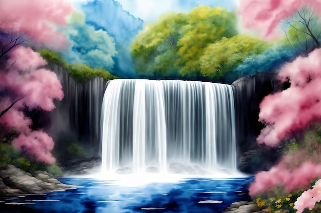 Картина водопада в окружении деревьев