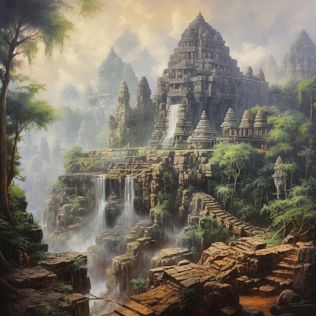 painting of a waterfall and a temple in a jungle generative ai