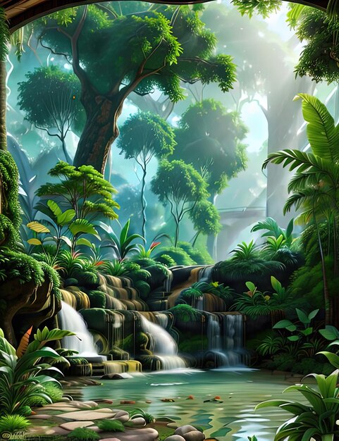 painting of a waterfall in a tropical jungle with a bridge