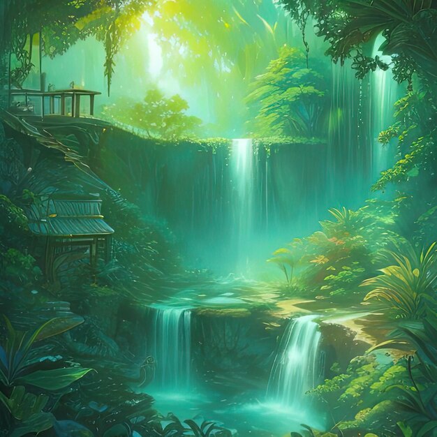 painting of a waterfall in a tropical jungle with a gaze