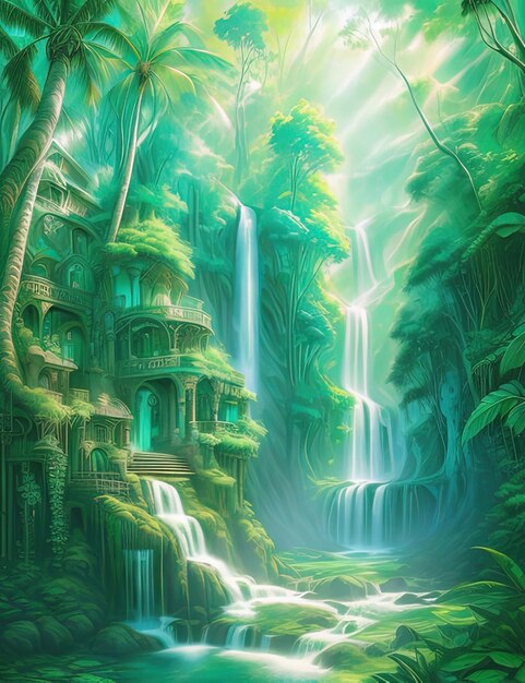 painting of a waterfall in a tropical jungle with a house in the middle