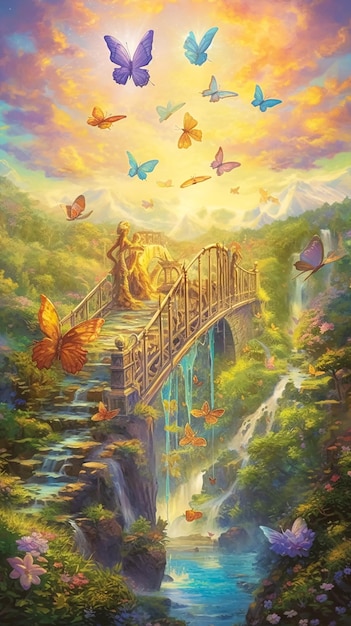 A painting of a waterfall with a bridge in the middle