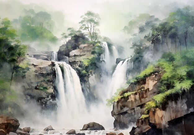 Painting of a waterfall with a few trees and rocks generative ai