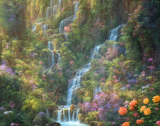 A painting of a waterfall with flowers and plants