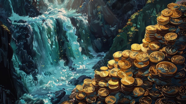 Photo a painting of a waterfall with gold coins on it