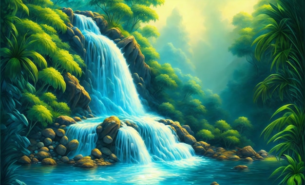 A painting of a waterfall with a green background and the words waterfall on it