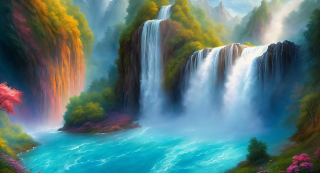 A painting of a waterfall with a green forest in the background