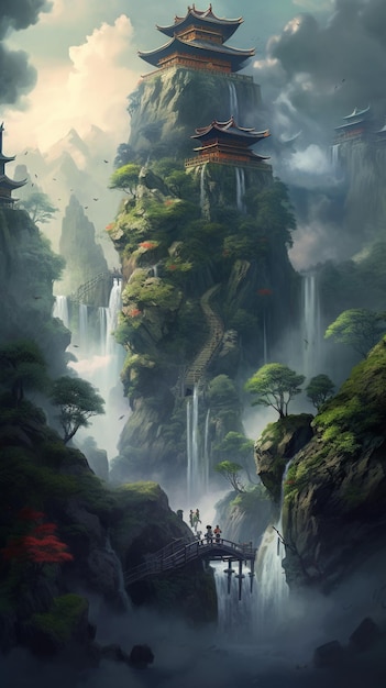 painting of a waterfall with a pagoda in the background generative ai