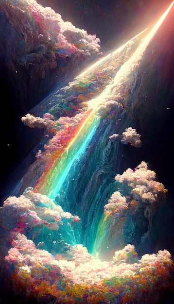 Painting of a waterfall with a rainbow in the sky generative ai