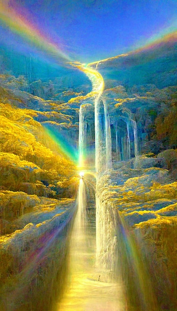 Painting of a waterfall with a rainbow in the sky generative ai