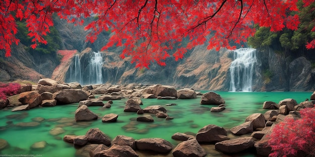 前景に赤い木がある滝の絵。