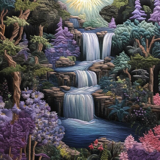 Painting of a waterfall with a sun in the middle of it generative ai