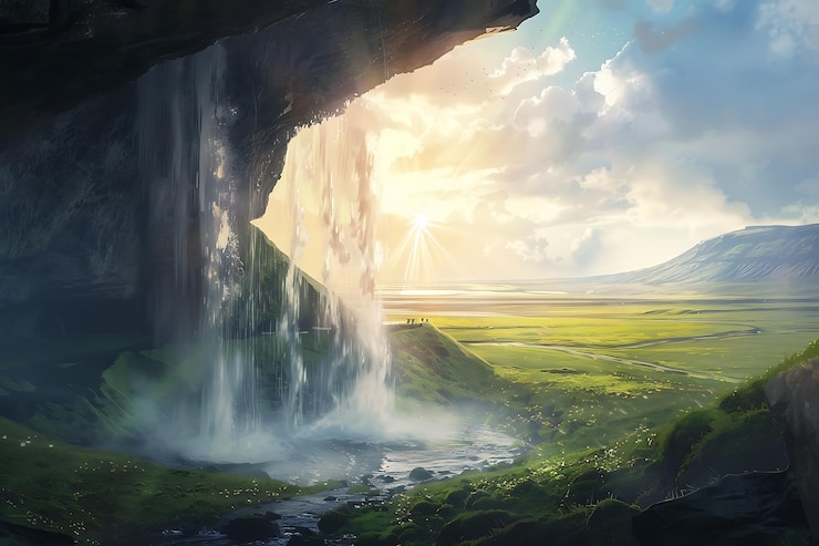 Photo a painting of a waterfall with the sun shining through it