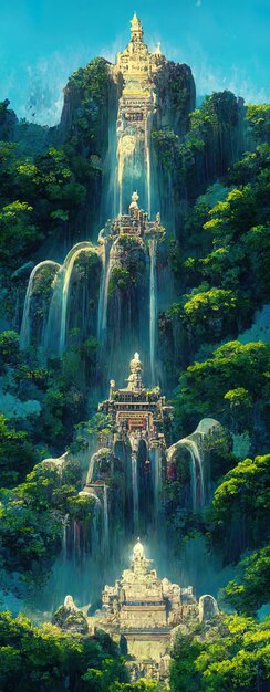 a painting of a waterfall with a temple in the background