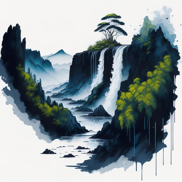 A painting of a waterfall with a tree on it.