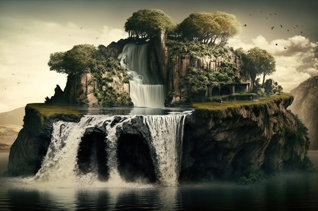 A painting of a waterfall with a tree on top of it.