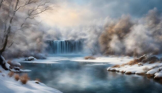 a painting of a waterfall with a waterfall in the background