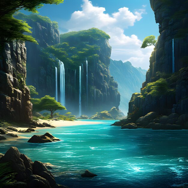 a painting of a waterfall with a waterfall in the background