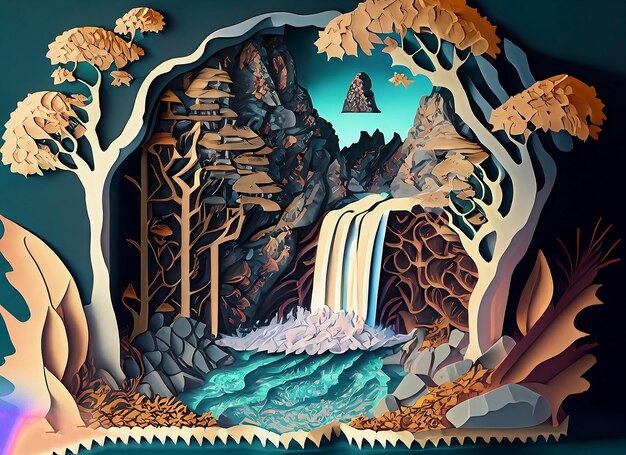 A painting of a waterfall with a waterfall in the background.